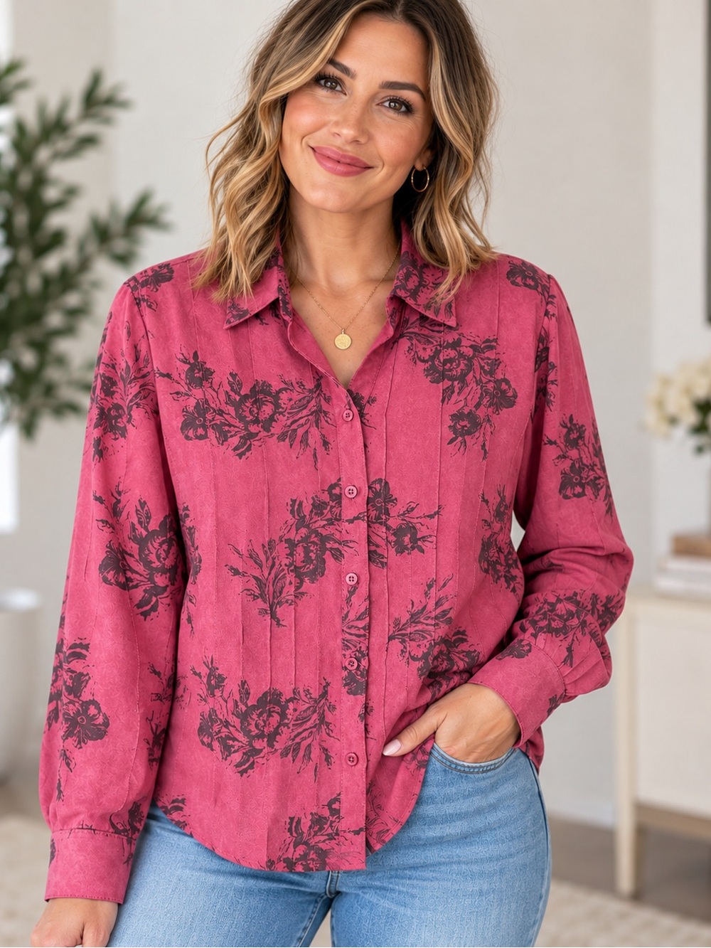 Lemon Grass Studio Floral Button-Front Blouse Pink Burgundy XL
